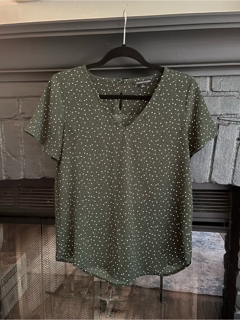 V‑Neck Short Sleeve Top — Green with White Dot Print